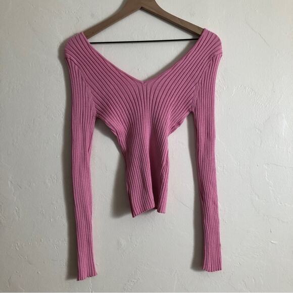 ❤️5/$25 SALE NWT Fashion Nova Kallan Knit Sweater Top Pink Ribbed V-Neck Shirt - Picture 7 of 7